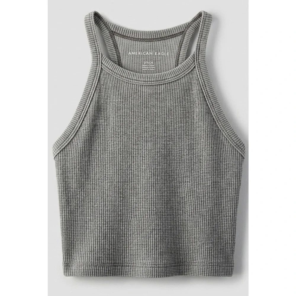 American Eagle Waffle Knit Cropped Tank Top High Neck Racerback Gray Size S‎